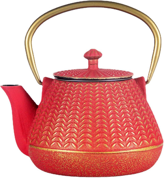 Small Cast Iron Tea Kettle for Stovetop Safe, Red Tea Pot Coated with Enameled Interior, Durable Teapot with Stainless Steel