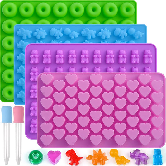 Sakolla Gummy Candy Molds Silicone with 2 Droppers Pack of 4 Mini Silicone Molds Including Dinosaur, Bear Shape, Hearts and