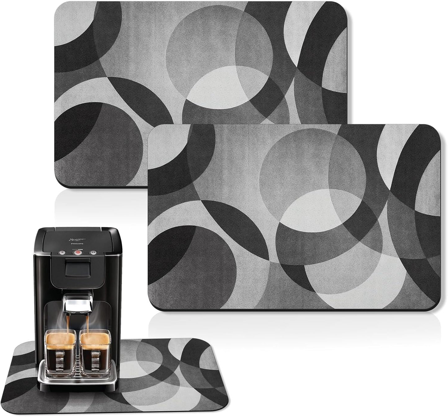 Arttown Coffee Mat for Countertops, 2 Pcs, 12" x 19" Geometric Modern Grey | Black White Dish Drying Mats Rubber Backed, Kitchen Bar Accessories for Espresso Machine Rack Hide Stain