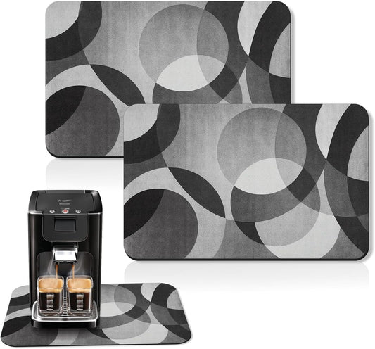 Arttown Coffee Mat for Countertops, 2 Pcs, 12" x 19" Geometric Modern Grey | Black White Dish Drying Mats Rubber Backed, Kitchen Bar Accessories for Espresso Machine Rack Hide Stain