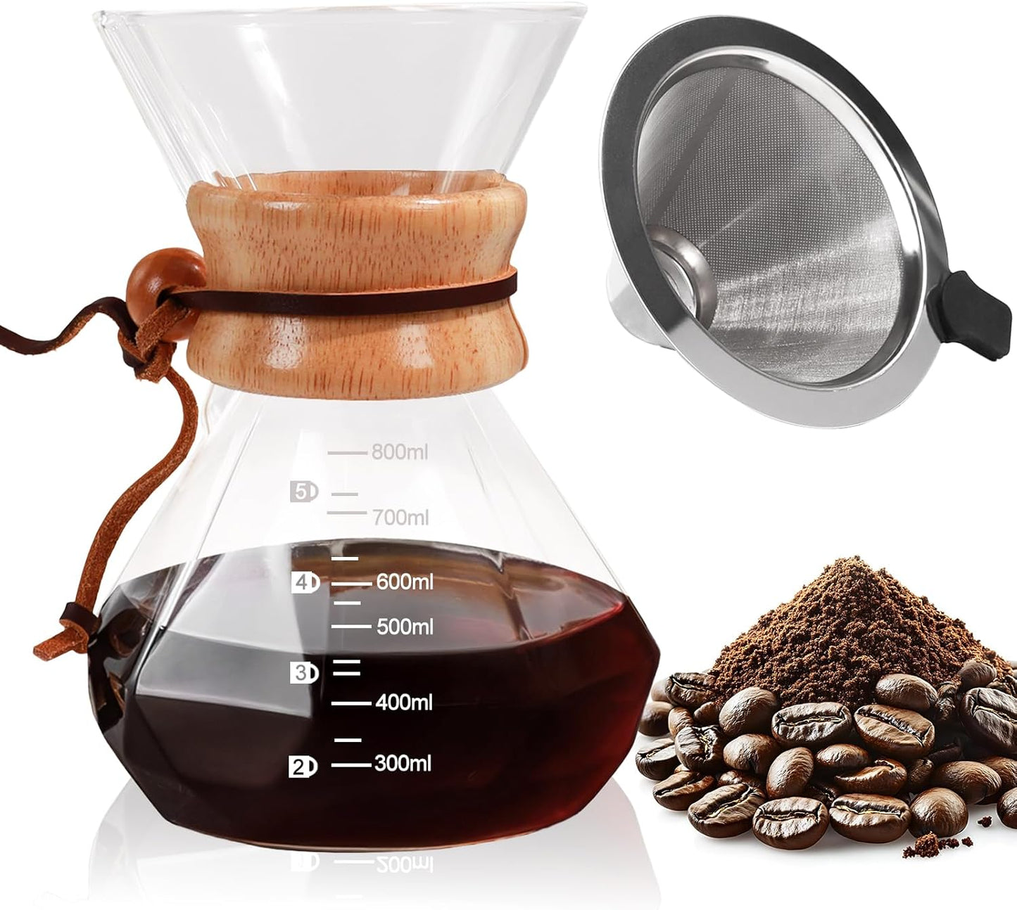 Pour Over Coffee Maker 800ml with 304 Stainless Steel Filter and Wooden Collar Holder Borosilicate G