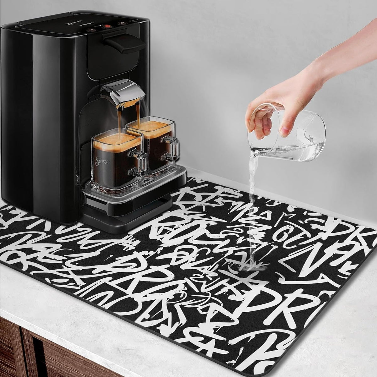 Arttown Coffee Mat for Countertops, 2 Pcs, 12" x 19" Graffiti Abstract | Letters Old School Dish Drying Mats Rubber Backed, Kitchen Bar Accessories for Espresso Machine Rack Hide Stain