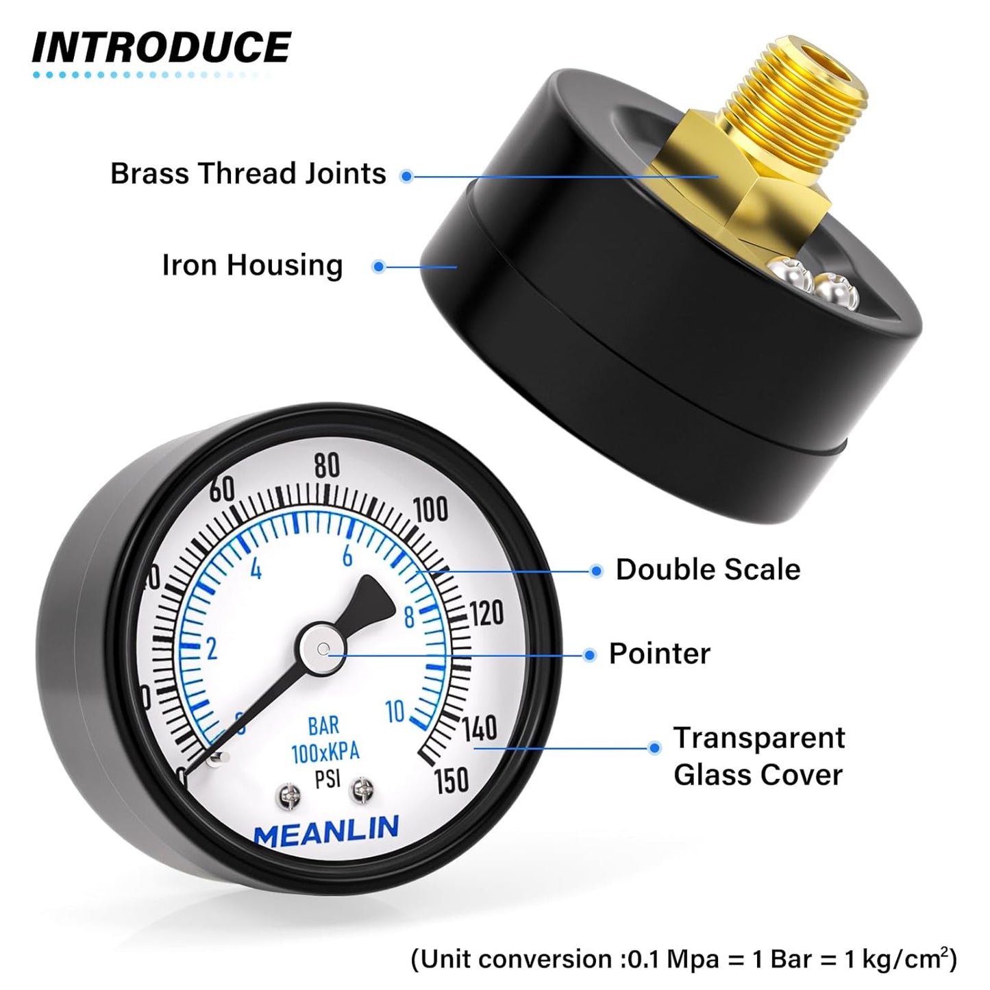 MEANLIN MEASURE 0-150Psi 2" DIAL FACE 1/4" NPT Well Pump Pressure Gauge, with 1/2" NPT and 3/8" NPT Hex Bushing, 3-2-3% Accuracy, Center Back Mount