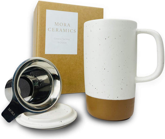Mora Ceramics Large Tea Mug with Loose Leaf Infuser and Ceramic Lid, 18 oz, Portable, Microwave and Dishwasher Safe, Tall