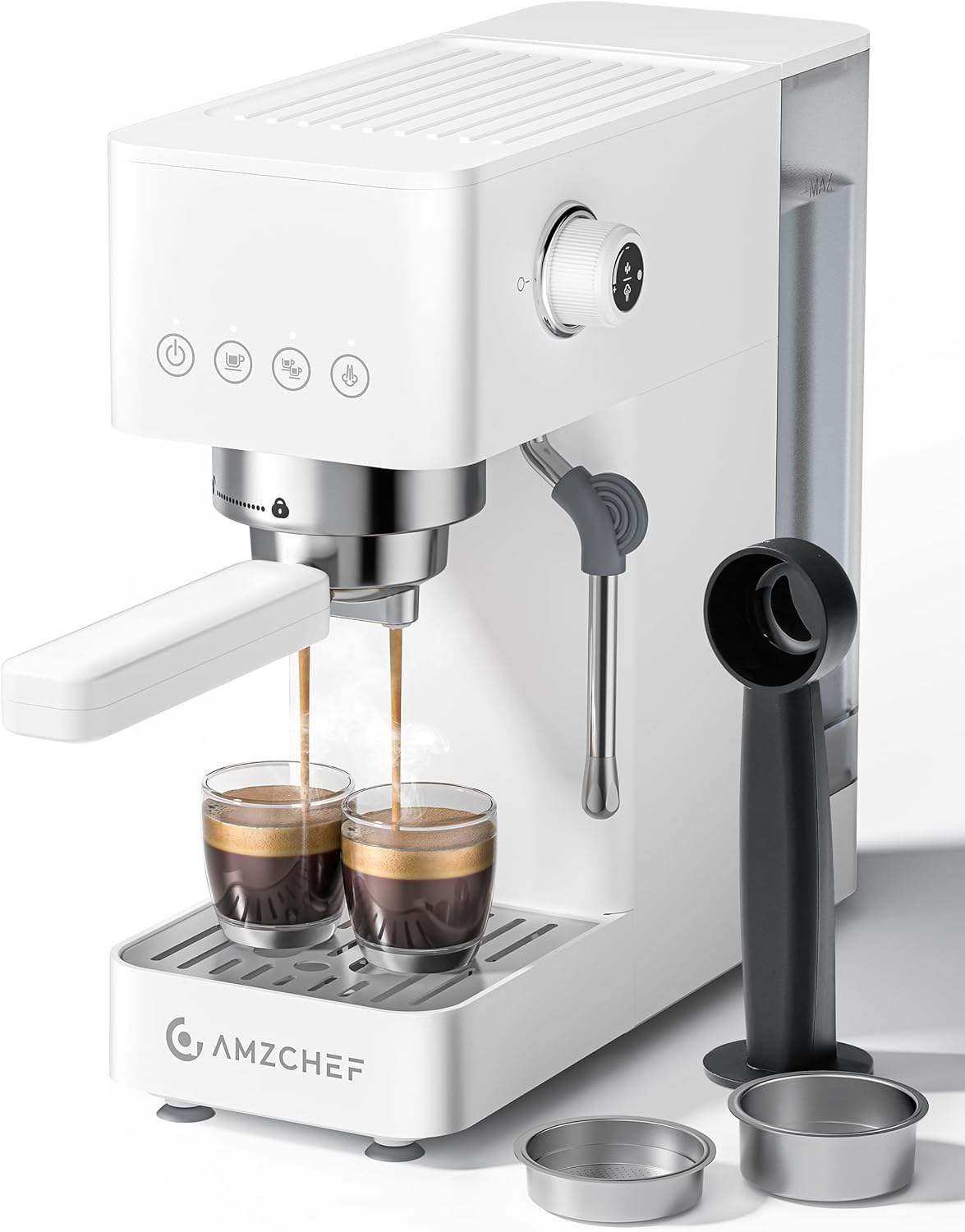 AMZCHEF Compact Espresso Machine 20 Bar, Americano, Latte &amp; Cappuccino | Easy One-Touch Brewing, 30s Heat-Up, Stable PID Control, Easy Milk Frothing, Compact Design, 50oz Tank, White