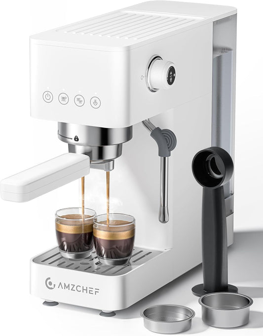 AMZCHEF Compact Espresso Machine 20 Bar, Americano, Latte &amp; Cappuccino | Easy One-Touch Brewing, 30s Heat-Up, Stable PID Control, Easy Milk Frothing, Compact Design, 50oz Tank, White