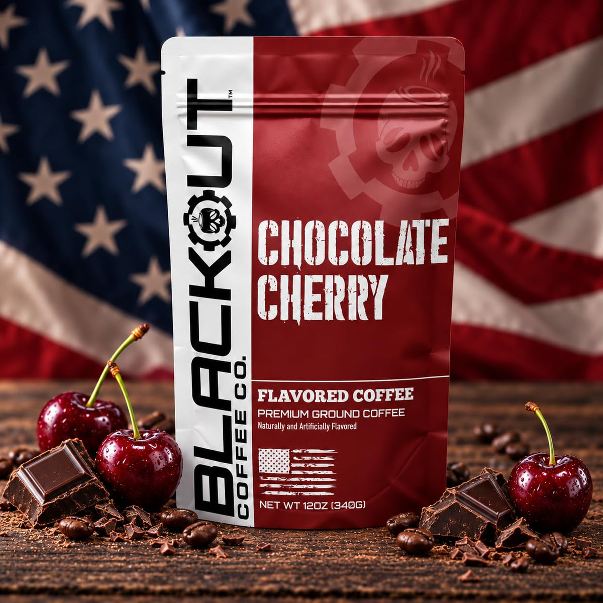 Blackout Coffee Chocolate Cherry Flavored Ground Coffee – Medium Roast, Smooth Taste, Guilt-Free Indulgence – Freshly Roasted 12oz Pouch.