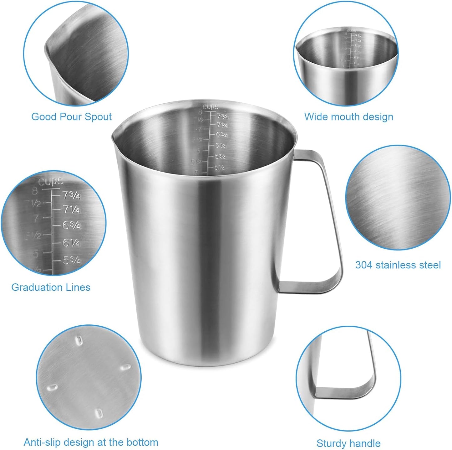 KSENDALO 64Oz/8Cup Stainless Steel Pitcher (SUS304), 2 Liter Metal Container for Water, Milk, Liquid with Handle with Engraved Markings, Silver