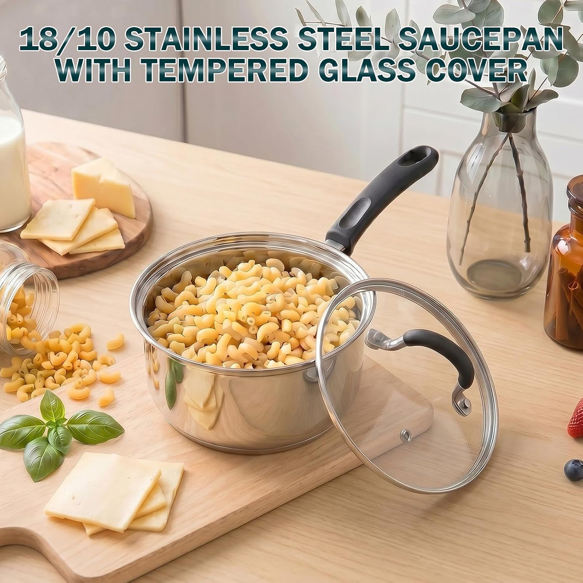 Cook N Home Saucepan Sauce Pot with Lid 1 Quart Stainless Steel , Stay Cool Handle, silver