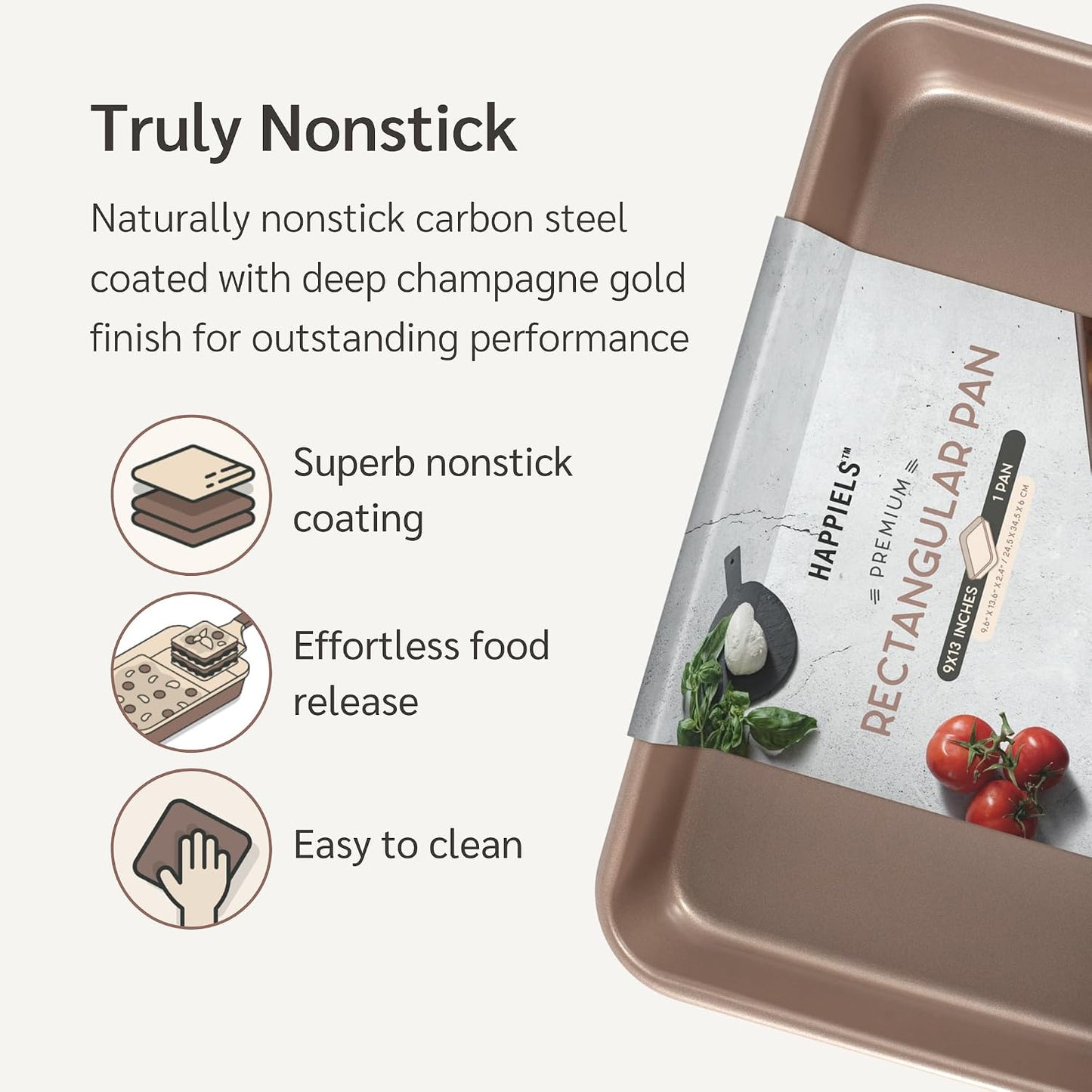 9 x 13 inch Cake Baking Pan Nonstick, PFOA &amp; BPA Free | | Non-Toxic - High Carbon Steel - Gold - Rectangle Pan for Oven Baking
