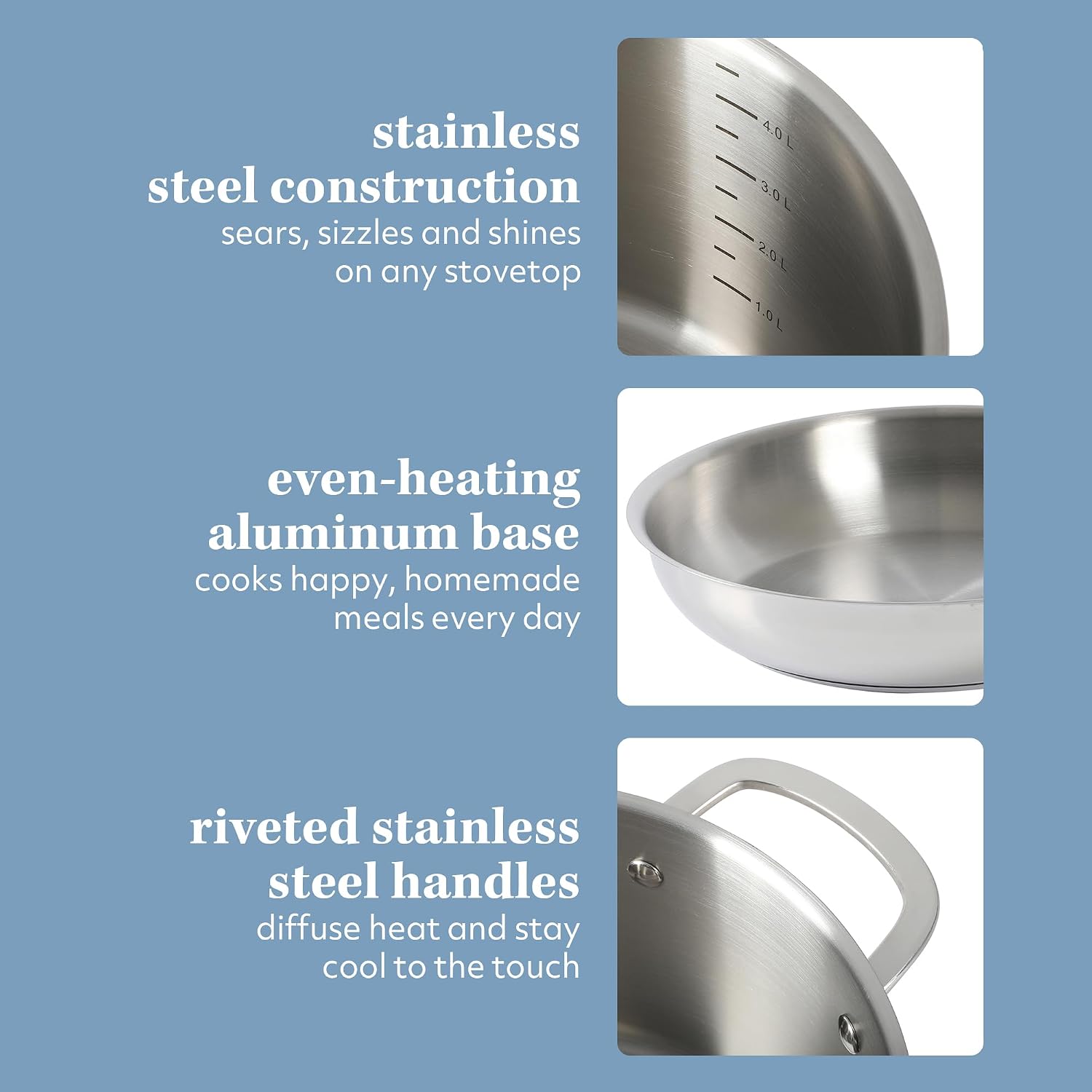 Sur La Table Kitchen Essentials Chef's Deck 10 Piece Stainless Steel Non Toxic Pots and Pans Kitchen Cookware Set w/Trip