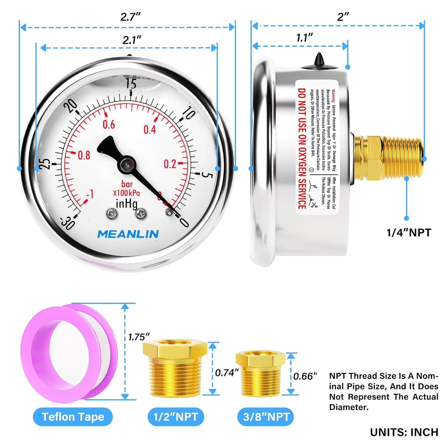 MEANLIN MEASURE -30inHG~0Psi Stainless Steel 1/4" NPT 2.5" FACE DIAL Vacuum Pressure Gauge, Center Back Mount, with 1/2" NPT and 3/8" NPT Hex Bushing