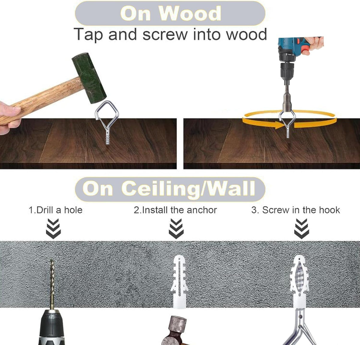 10 PCS Eye Screw Hooks for Hanging Heavy Duty with Safety Buckle.Metal Ceiling Hooks for Hanging Plants,Cup,Wind Chime,Bird Feeders,christmas String Lights at Indoor&amp;Outdoor,2.36 Inch(No Drill Bit)