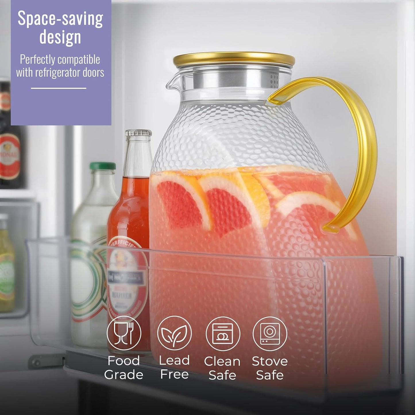 Glass Pitcher With Lid and Spout, 1.8 Liter 60 oz Glass Pitchers With Handle And Lid, Jug Water Pitchers For Fridge, Carafe Jar for Hot/Cold Water Iced Tea Juice Coffee Milk Beverage