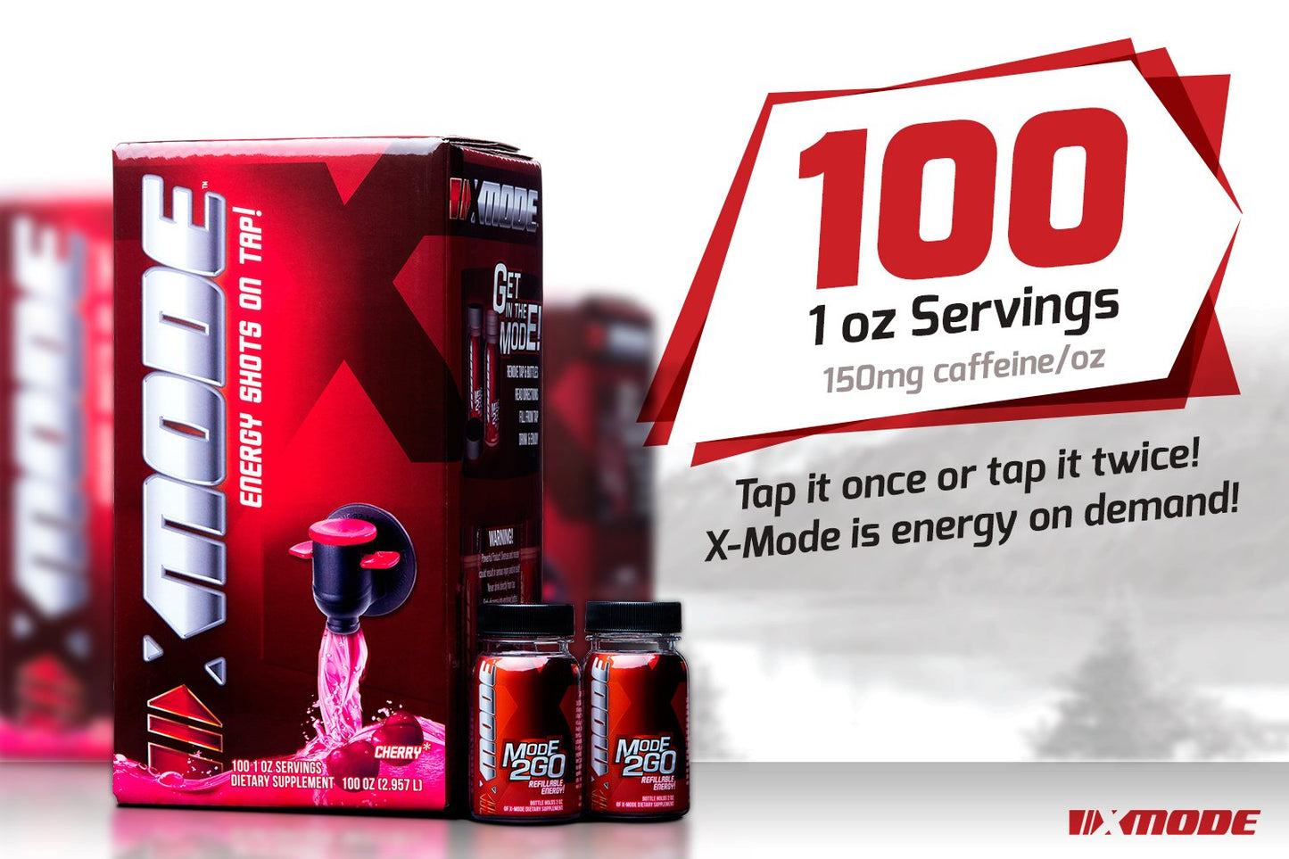 XMODE Extra Strength Energy Shots on Tap - Tangerine Flavor, Sugar Free, 150mg Caffeine per oz, B12, 100 (1oz) Servings, Dispenser with 2 Refillable Bottles