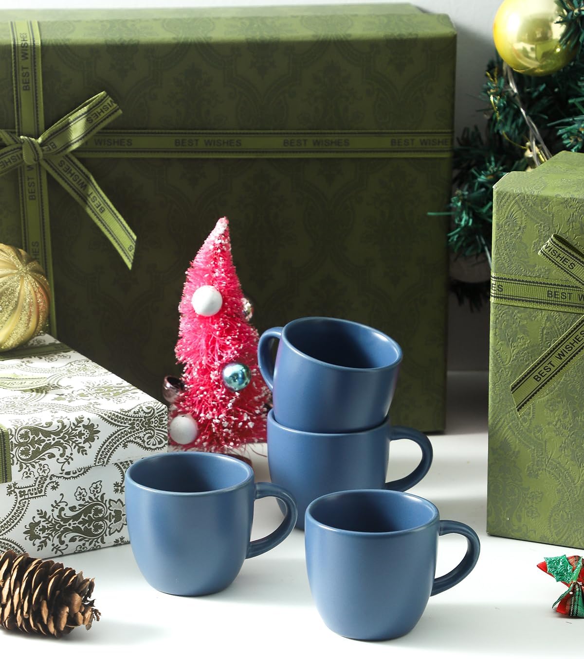 Hasense Espresso Cups Set of 4 Perfect for Demitasse, Cappuccino, Tea Bag and Juice, 5 Ounce Ceramic Stackable Mini Coffee Mugs Suit for Espresso Machine and Coffee Maker, Blue
