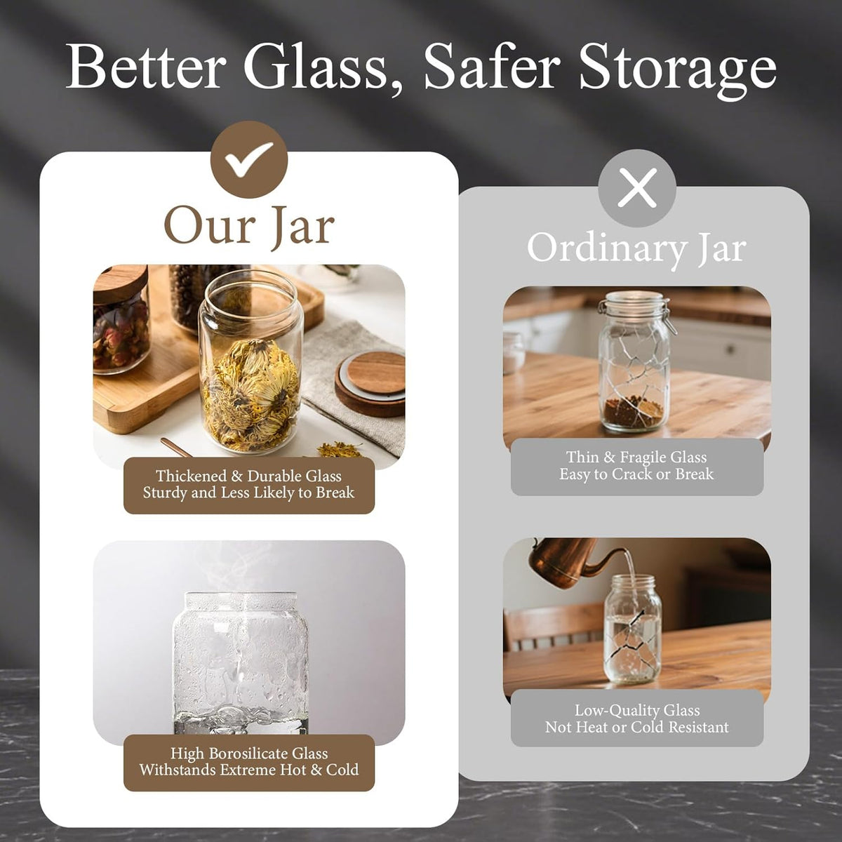 Glass Jars with Airtight Wood Lids - Small Large Kitchen and Pantry Storage Containers, Canisters for Spaghetti, Noodles, Pasta, Ground Coffee, Sugar, Cereal, Spice, Salt, Salad, Matcha, Set of 5