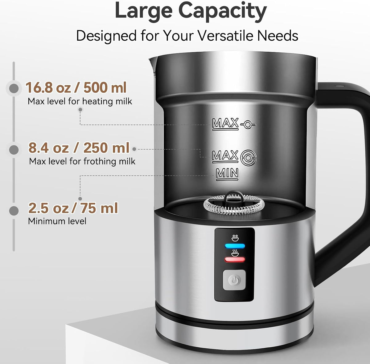 Secura Milk Frother, Automatic Hot &amp; Cold Foam Maker, 16.9oz Milk Warmer | Stainless Steel, Easy Cleaning, Strix Temperature Control, One-Touch Operation, Rich &amp; Creamy Milk Froth for Latte