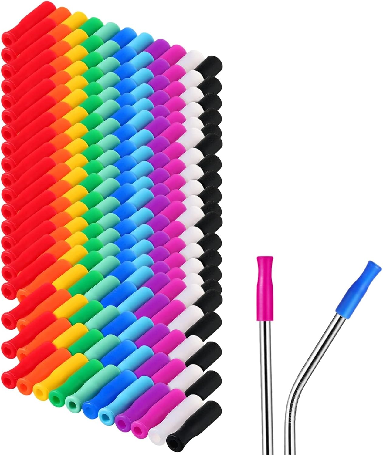 Zhehao 200 Pcs Silicone Straw Tip Multicolored Straw Tip Cover Reusable Silicone Cover Metal Tip for