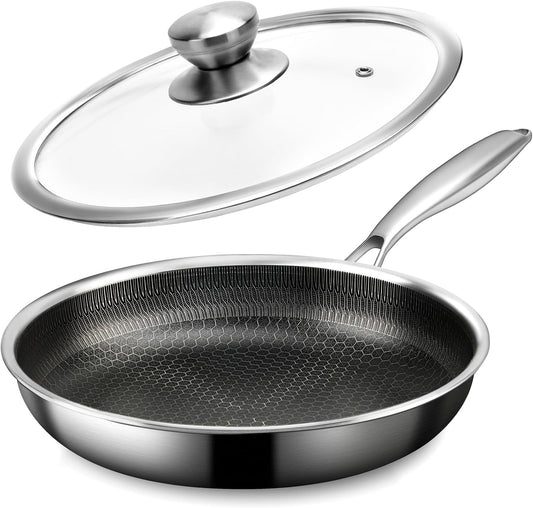 Stainless Steel Frying Pan with Lid - 9.5 Inch Nonstick Frying Pan with Lid, Honeycomb Stainless Steel Skillet Omelet Chef's Pan with Stay Cool Handle, Induction Compatible, PFOA Free
