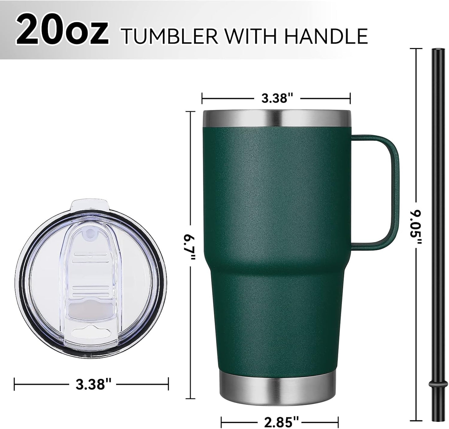 VEGOND 20 oz Tumbler with Handle Lid and Straw, Stainless Steel Insulated Travel Coffee Mug Spill Proof Double Wall Metal Tumbler Cup Keeps Drink Hot and Cold, Dark Green 1 Pack
