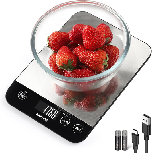 33lb Digital Kitchen Scale, Food Scale Rechargeable with Stainless Steel, Grams and Ounces, USB Charging, 1g High Accuracy