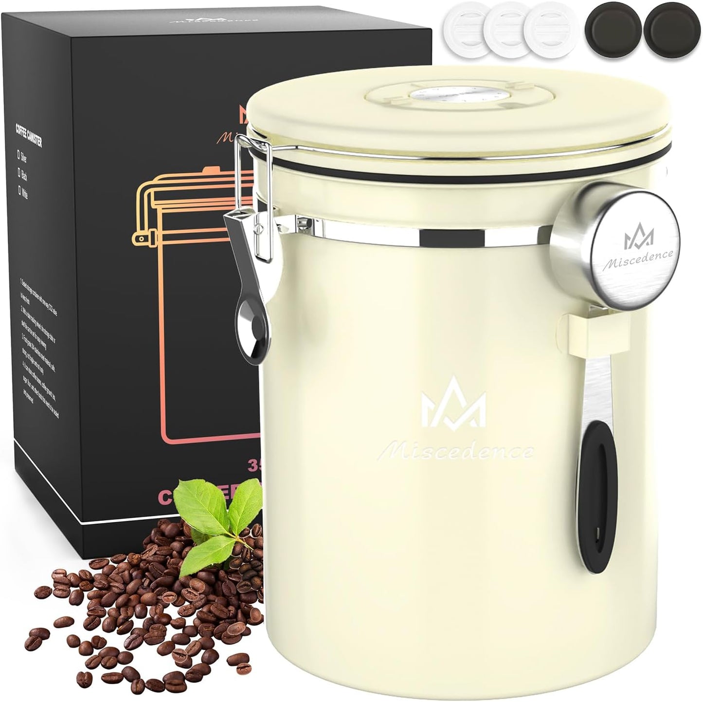 38OZ Coffee Canister for ground coffee with Date Tracker,beige 304 Stainless Steel Kitchen Food Airtight storage container for Coffee Beans or Grounds, Tea, Sugar