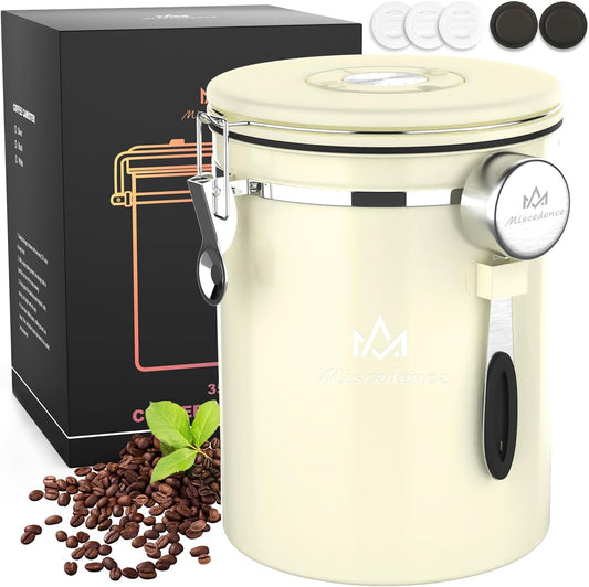 38OZ Coffee Canister for ground coffee with Date Tracker,beige 304 Stainless Steel Kitchen Food Airtight storage container for Coffee Beans or Grounds, Tea, Sugar