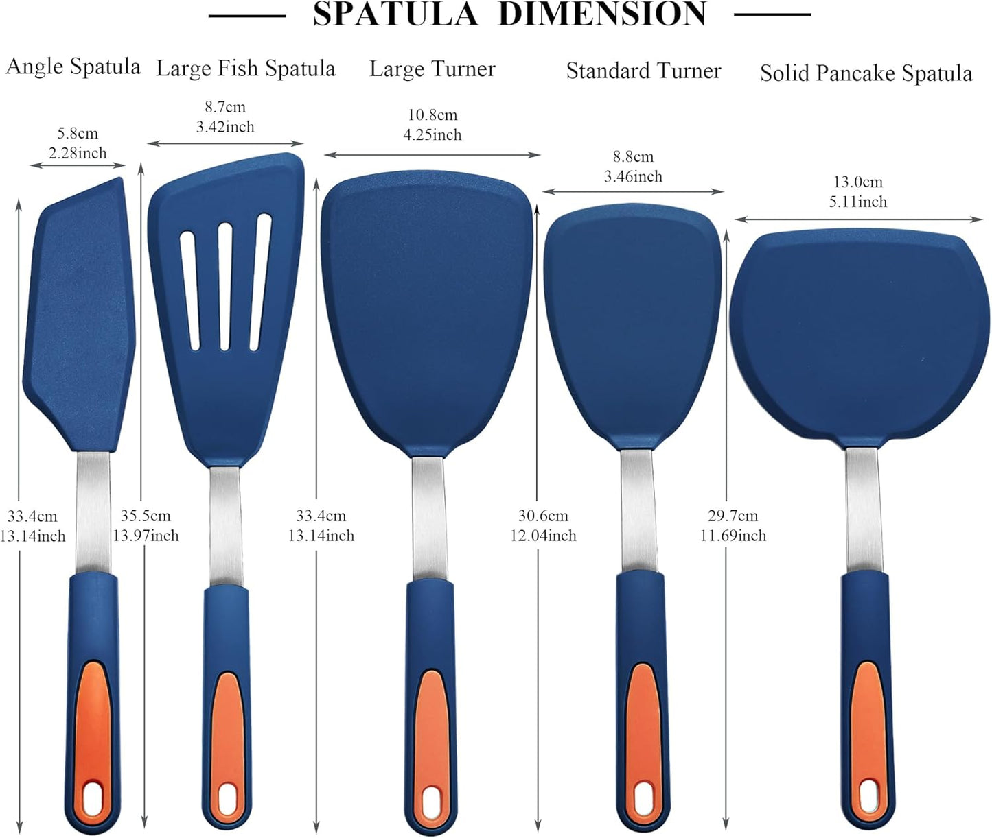 5 Pieces Silicone Spatula Set, Non-Stick Silicone Turner Spatulas, Heat Resistance Cooking Utensils, Flip Turner for Fish, Egg, Pancake, Navy Blue