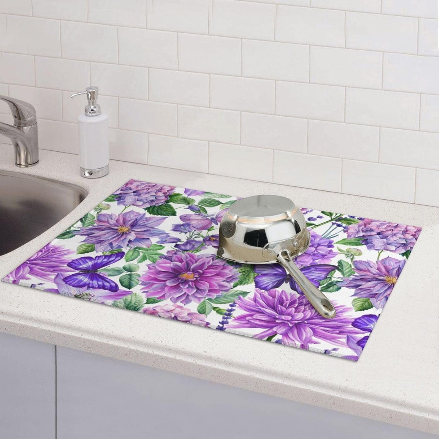 Purple Hydrangea Flowers Dish Drying Mat,Butterfly Floral Drying Rack Pad Countertop Dishes Ultra Absorbent Microfiber
