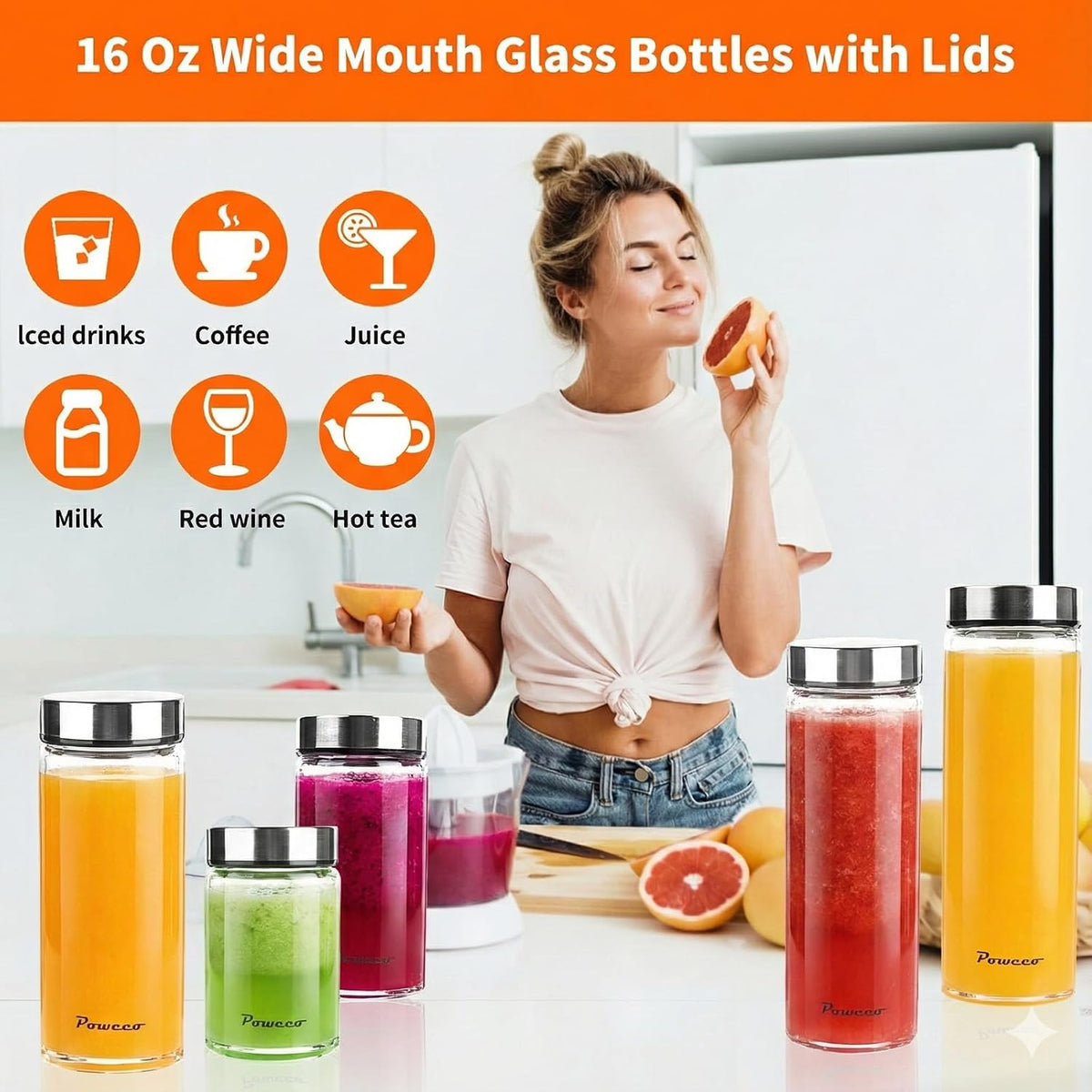 Glass Juice Bottles 4 Pack 10 oz - Wide Mouth Glass Water Bottles with Lids - for Juicing, Protein, Smoothie, Milk, Reusable, BPA Free, Stainless Steel Lids, Blender, Shaker Bottle (300ml)