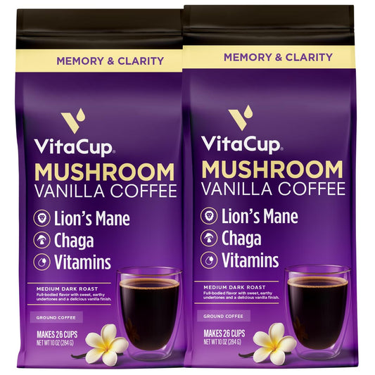 VitaCup Vanilla Flavored Mushroom Ground Coffee, 20oz, 2 Bags | 100% Arabica, Medium Dark Roast, Dark Roast, Boost Focus, Immunity, Memory &amp; Clarity, B Vitamins, D3, Chaga, Coffee Grounds,