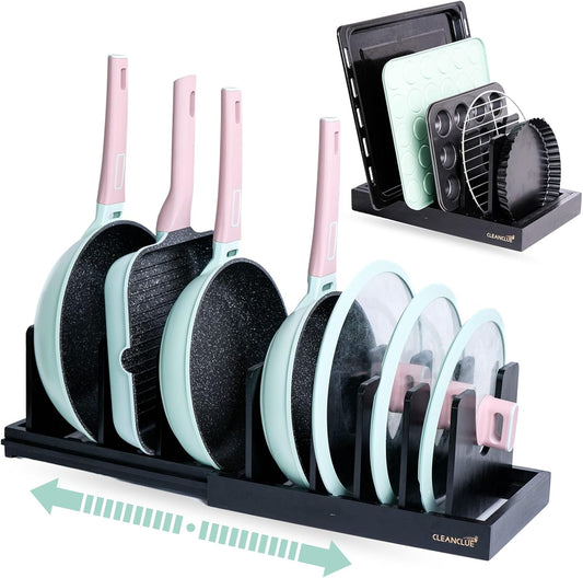 Bamboo Expandable Bakeware and Cutting Board Organizer, Adjustable Pot Lids Holder Rack, Cookie Sheet Baking Pan, Tray
