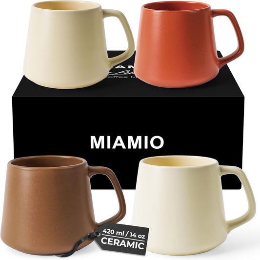 MIAMIO - Coffee Mugs Set of 4 / Large Ceramic Coffee Cups (14 oz) - Mug for Cappuccino, Tea, Espresso - Microwave and