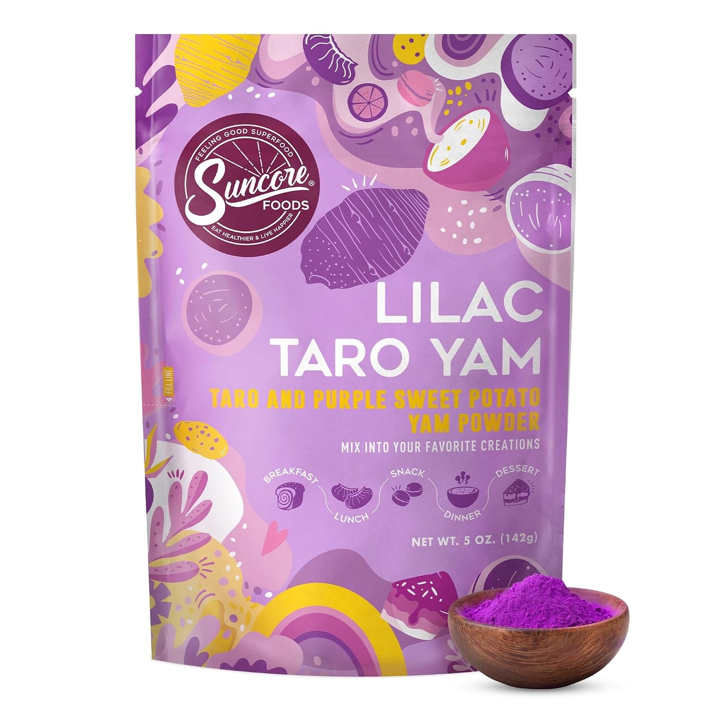Suncore Foods Lilac Taro Yam Powder 5oz (Purple Sweet Potato) | Gluten Free | Natural Purple Food Coloring, For Baking, Frosting, Desserts, Smoothies, Milk Tea, Boba, Non-GMO, Vegan, Resealable Pouch