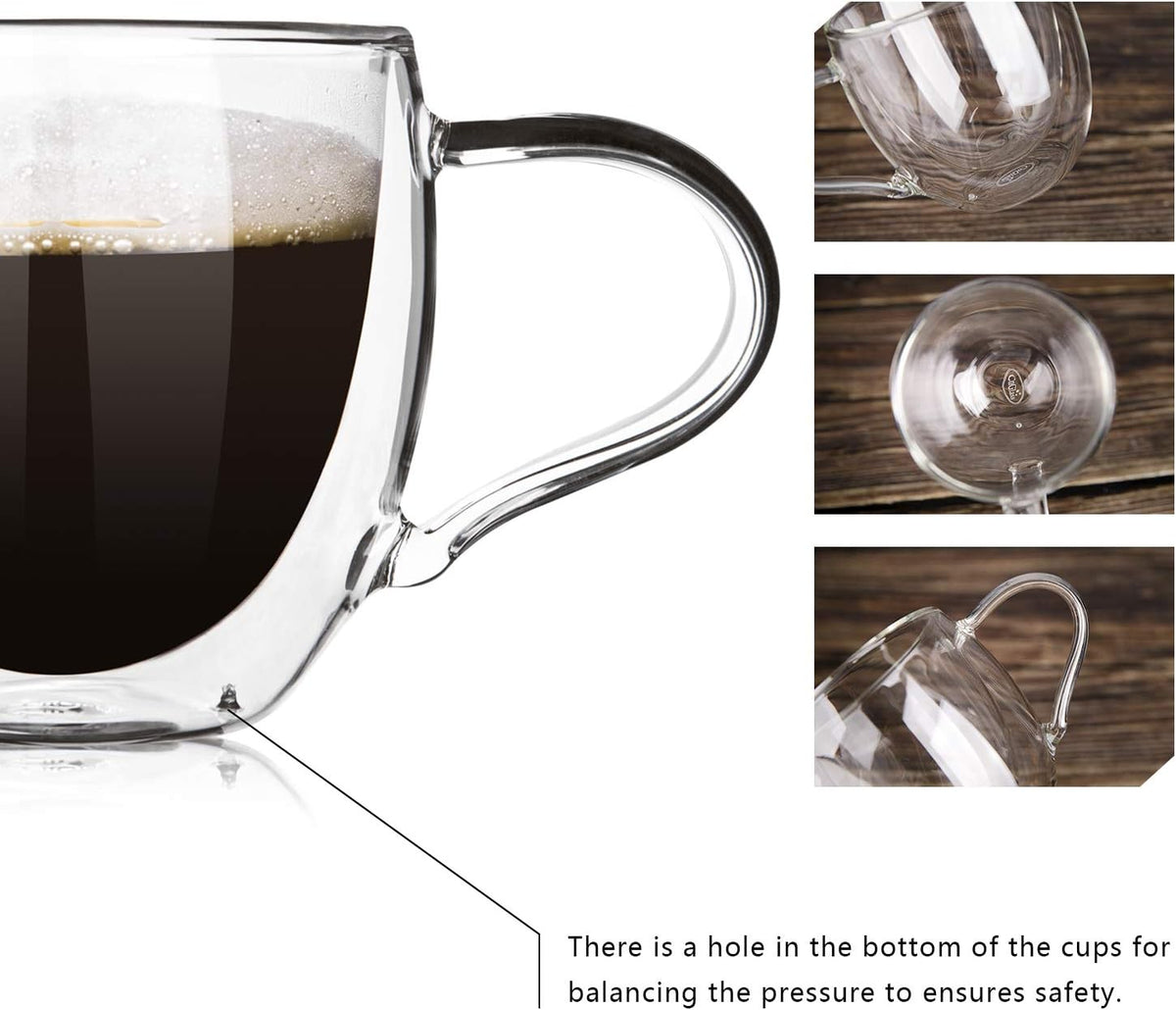 CNGLASS Double Wall Glass Coffee Mugs with Handle,10oz Clear Insulated Glass Espresso Cups for Hot and Cold Beverages,Latte,Cappuccino,Set of 2