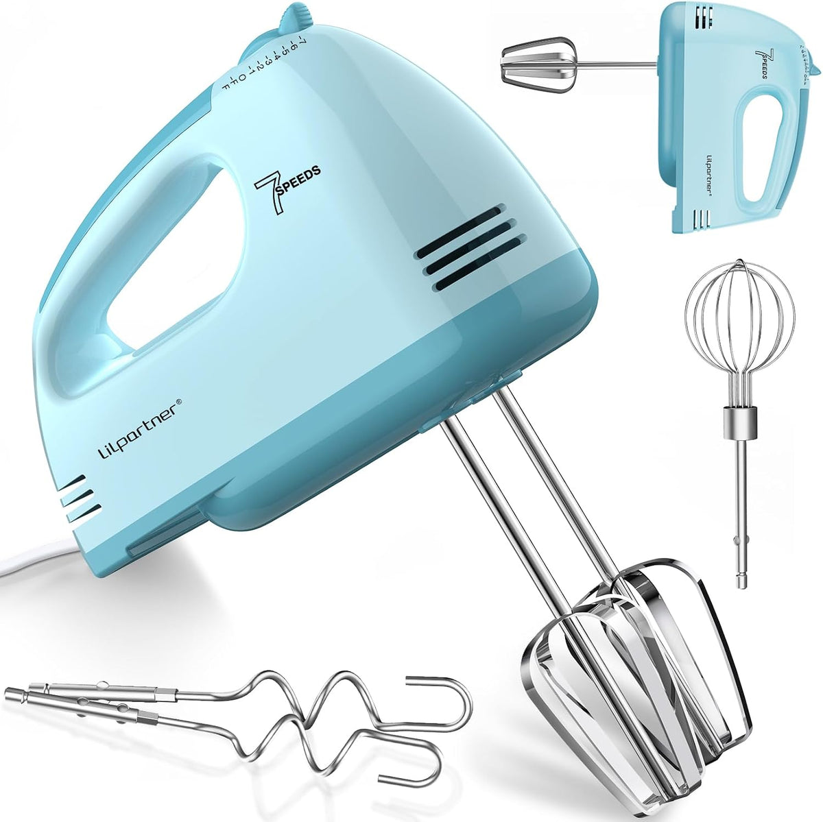 LILPARTNER Hand Mixer Electric, Ultra Power Kitchen Hand Mixer With 7-Speed &amp; 5 Stainless Steel Accessories for Whipping Dough, Cream, Cake, Dishwasher Safe, Light Blue