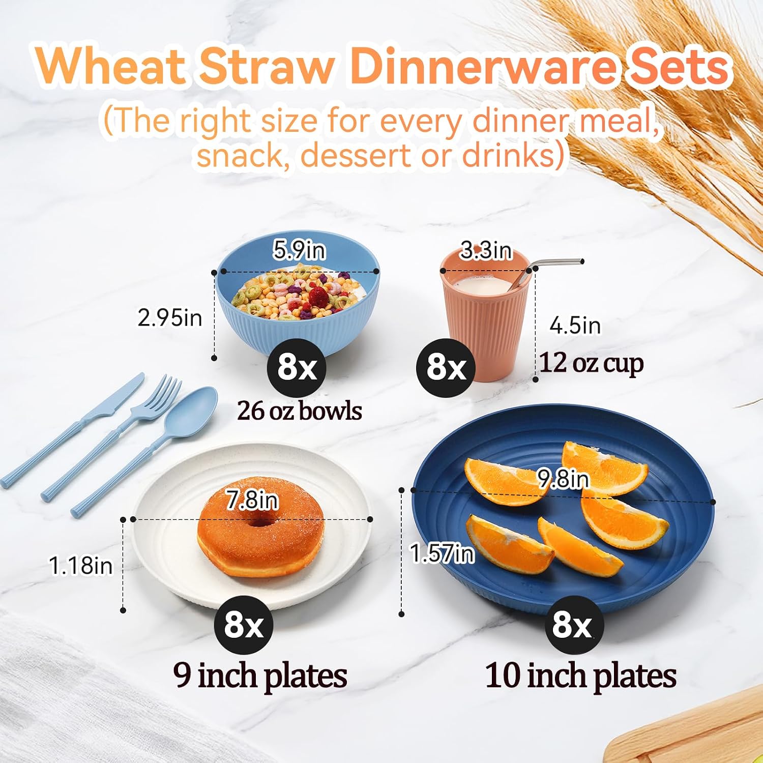 Wheat Straw Dinnerware Sets,64-Piece Plates and Bowls Sets for 8-Unbreakable,Reusable Plastic Dish Set-Dinner Plate/Dess