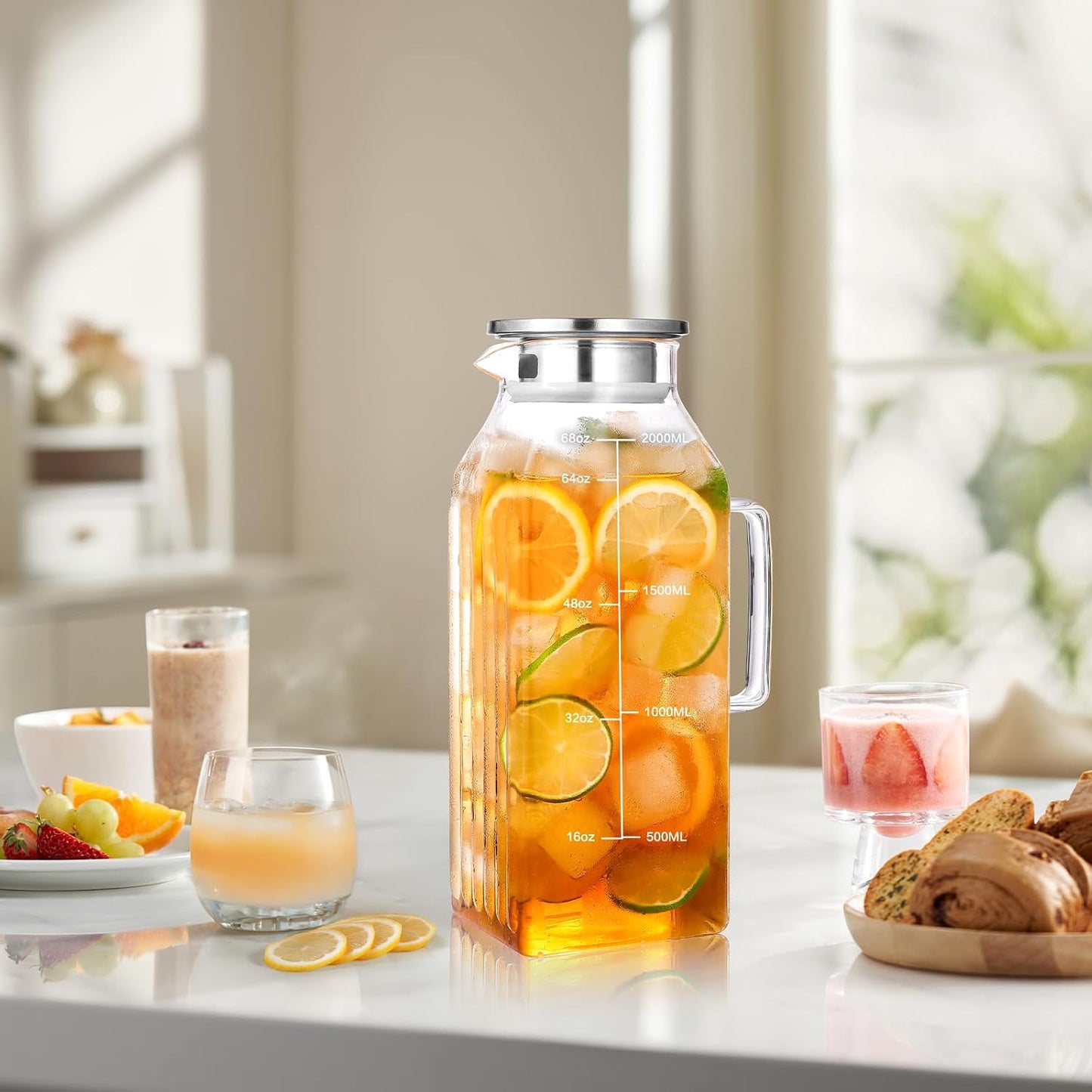 Aofmee 68oz Glass Pitcher with Lid and Handle for Fridge, Clear 2pc | Iced Tea Pitcher for Fridge, Borosilicate Glass Carafe, Sun Tea Jar, Dual Pour Stainless Lid, Dishwasher Safe