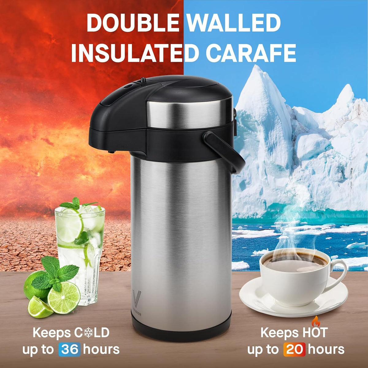 VONDIOR Airpot Coffee Dispenser with Pump - 169 Oz Insulated Stainless Steel Coffee Carafe - Thermal Beverage Dispenser - Coffee Urn for Hot/Cold Water, Party Chocolate Drinks