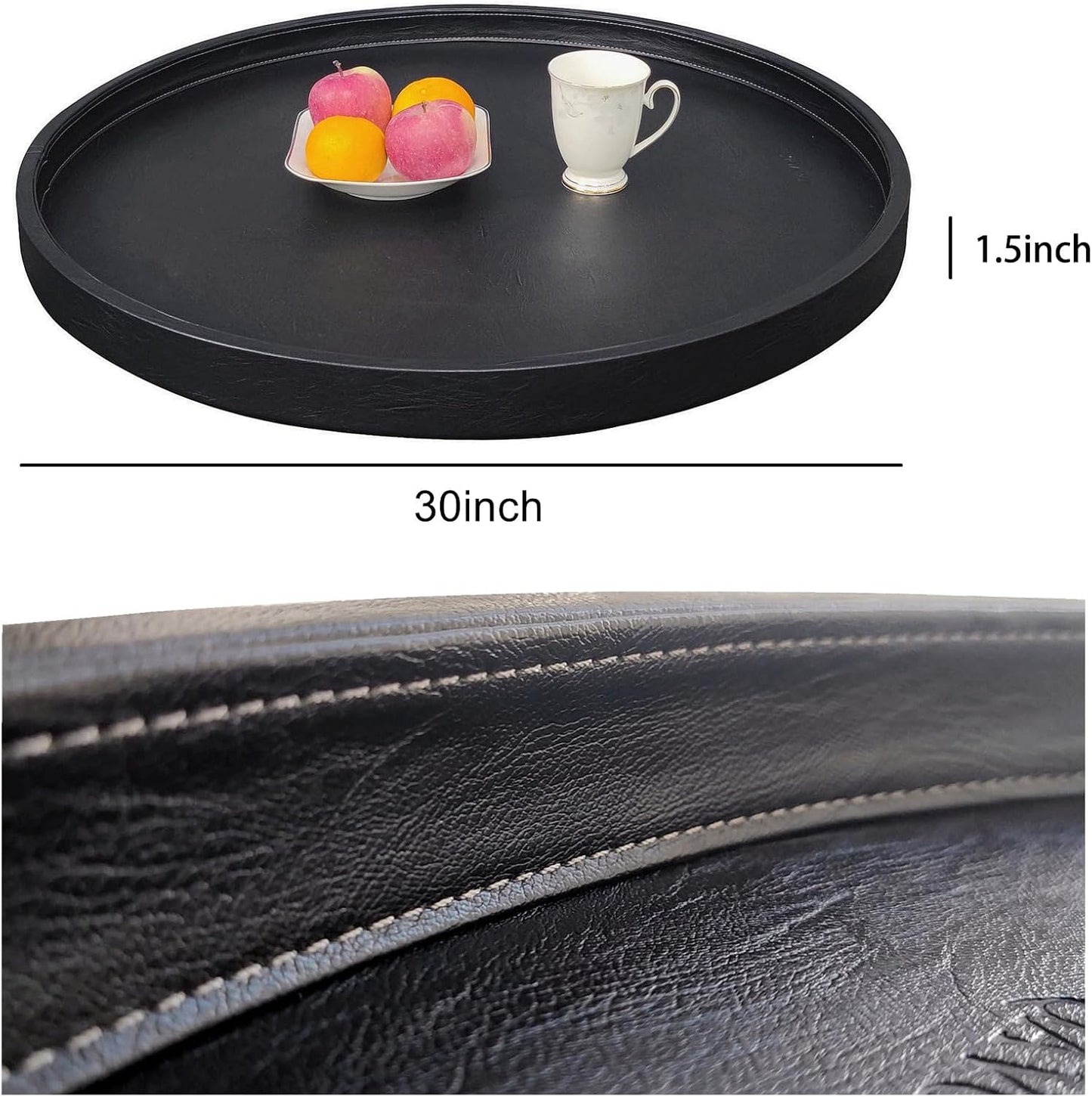 30x30 Inch Round Ottoman Tray - Faux Leather Large Serving Tray for Couch/Coffee Table, Family Dinner, Picnic, Party Decor (30 inch Black)