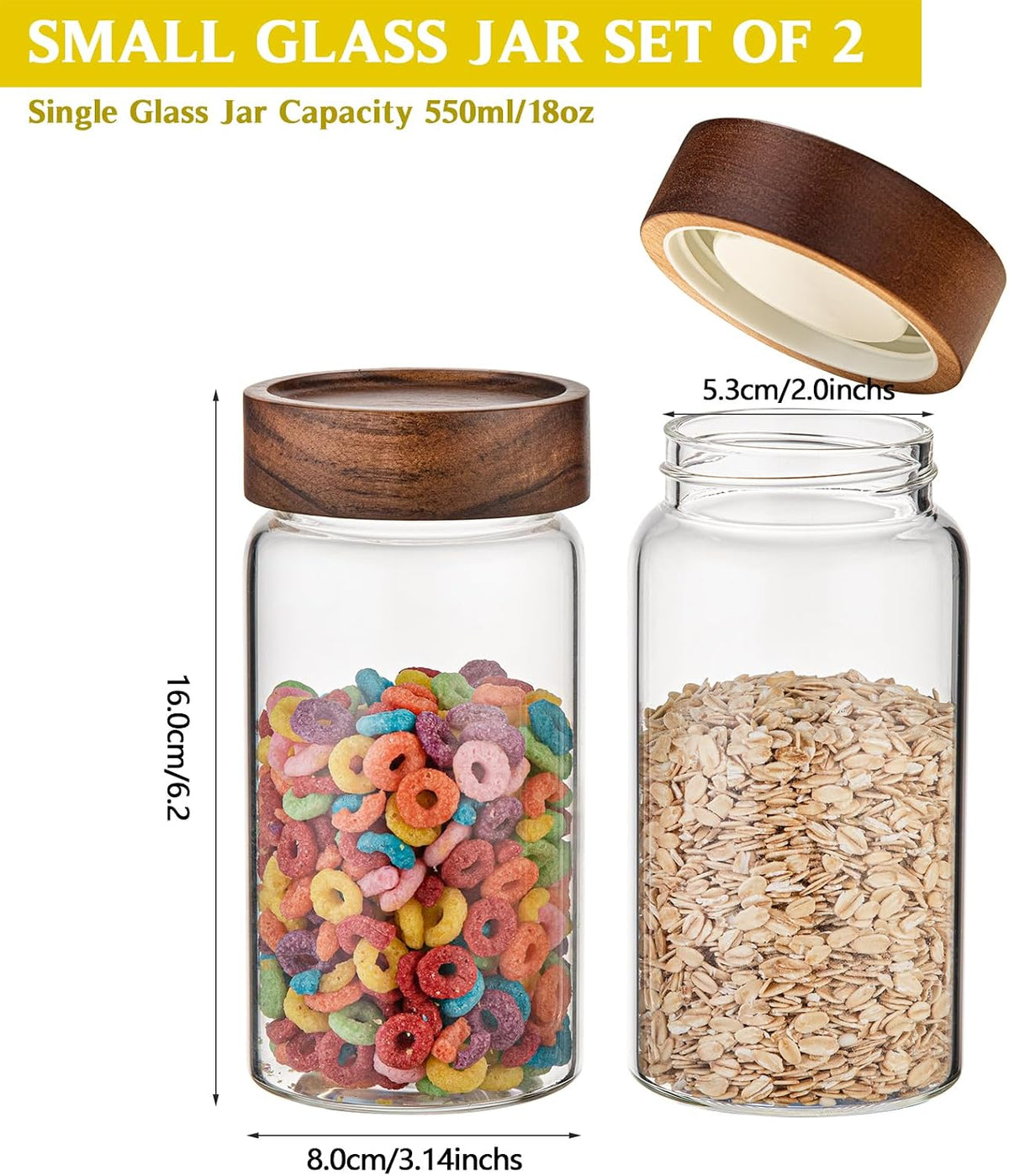 18 OZ Glass Coffee Jars with Top Screw Lid Ground Sugar Spice Herb Container Clear Glass Jar Round Food Storage Canister for Pantry Tea Coffee Bean Spice Cookies Salts (2×550ml(18oz))