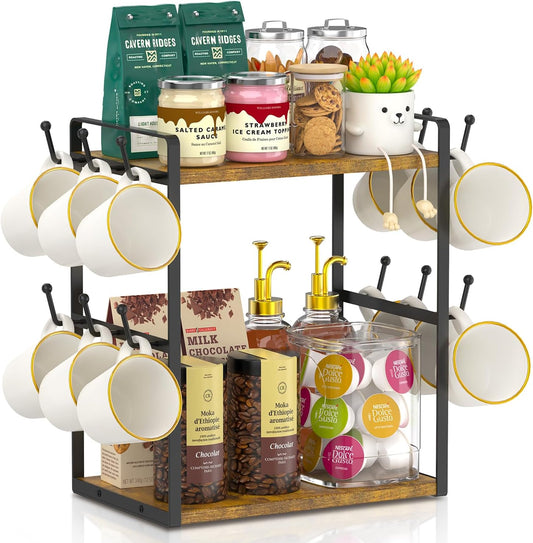 EsLuker.ly Coffee Station Bar Organizer Mug Holder Stand Countertop, 2 Tier Mug Cup Tree Rack for Kitchen Office, Storage