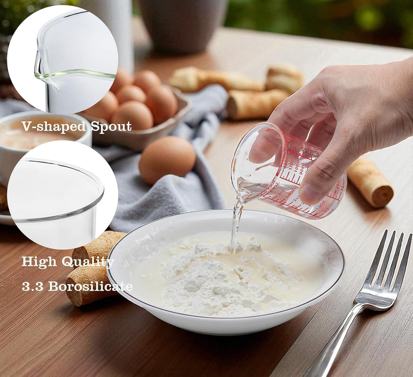 Ackers BORO3.3 4 oz/120 ml Glass Measuring Cup with V-Shaped Spout, 2 Pack | 3.3 borosilicate glass with a wide opening and five printed measurement units for small-batch cooking, baking and drink prep