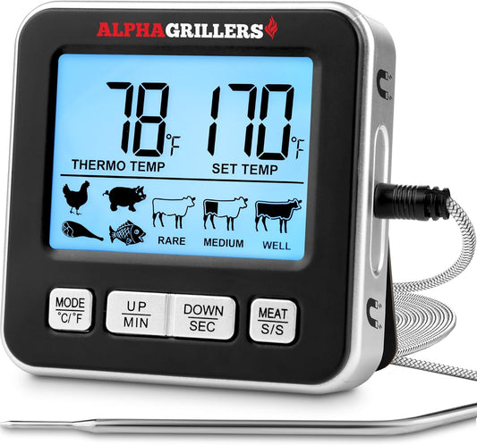 Alpha Grillers Meat Thermometer Digital for Oven - Large Display Oven Thermometer for Cooking - Leave-in BBQ Grilling Probe