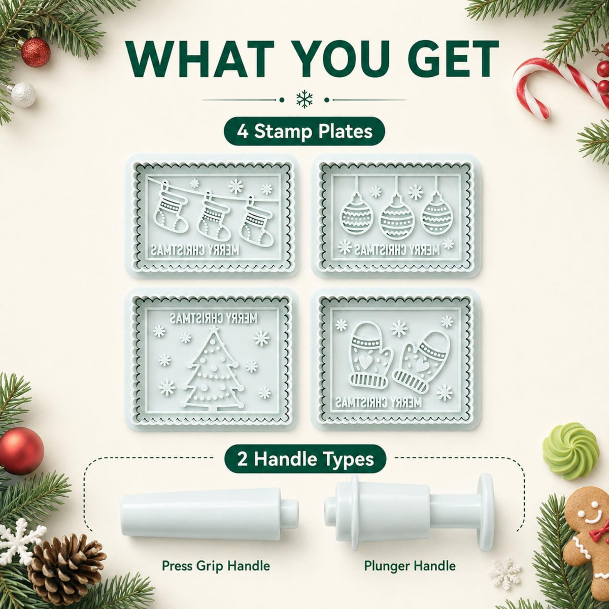 4-Piece 3D Merry Christmas Cookie Cutter and Stamp Set