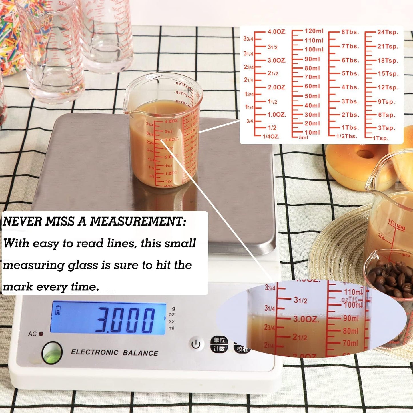 Ackers BORO3.3 4 oz/120 ml Glass Measuring Cup with V-Shaped Spout, 2 Pack | 3.3 borosilicate glass with a wide opening and five printed measurement units for small-batch cooking, baking and drink prep