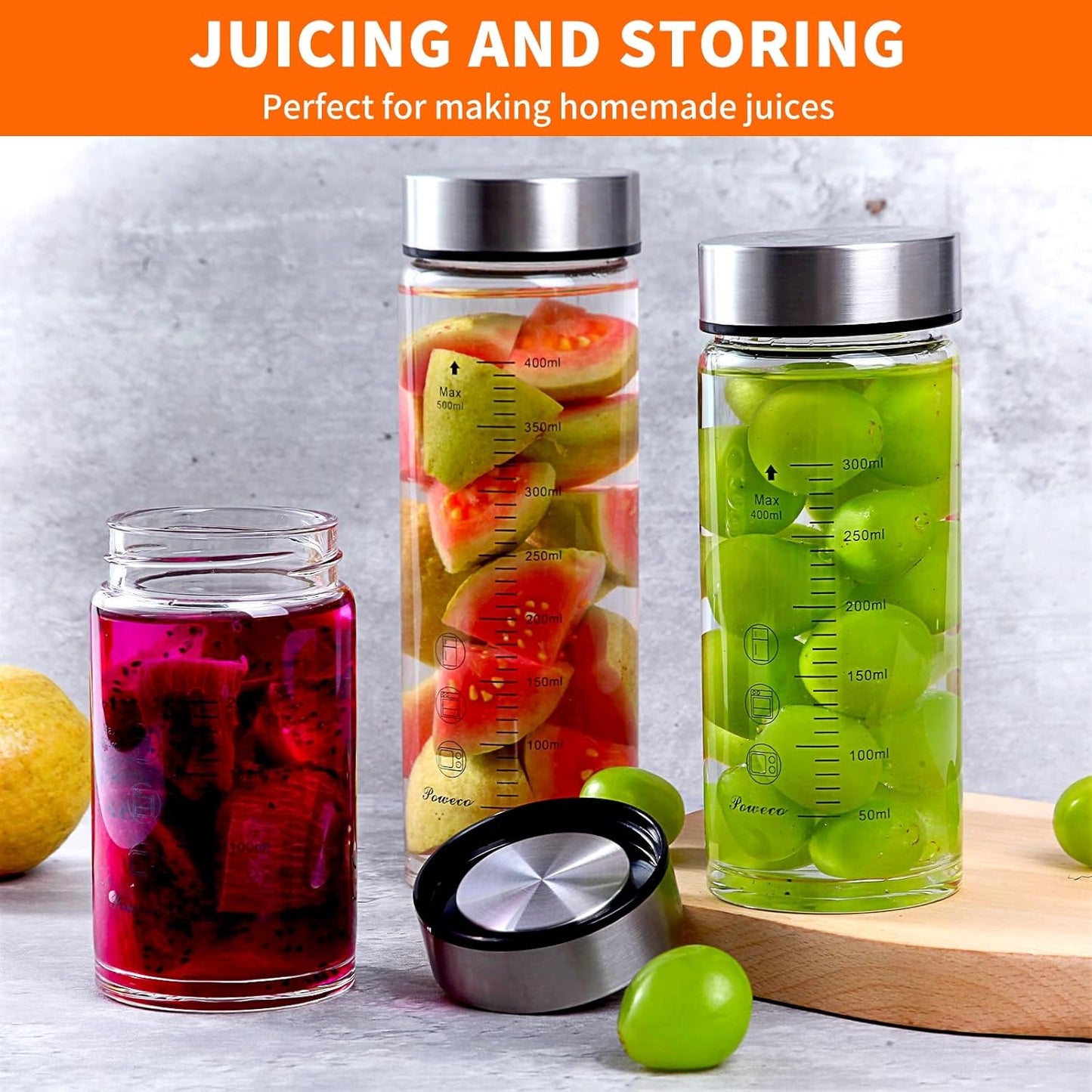 Glass Juice Bottles 4 Pack 12 oz - Wide Mouth Glass Water Bottles with Lids - for Juicing, Protein, Smoothie, Milk, Reusable, BPA Free, Stainless Steel Lids, Blender, Shaker Bottle (12oz/400ml)