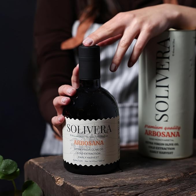Solivera Arbosana Extra Virgin Olive Oil Cold Pressed 300+ High Polyphenols, Smooth Creamy & Nutty Flavor, Single-Origin Organic Olive Oil, Hand Picked Gourmet Oil - 16.8 fl. oz. (Arbosana)