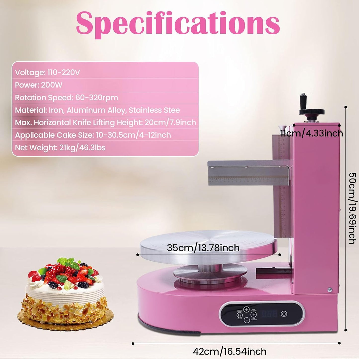 Cake Decorating Machine, Automatic Cake Cream Frosting Machine,Cake Icing Machine with Adjustable Scraper, for 4" to 12" Cake, 60-320rpm for Cake Dessert Shops, Home (Pink)